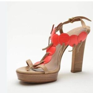 Sergio Rossi Coral Orange Frilled Leather Platform Open Toe Italian Sandals 37.5